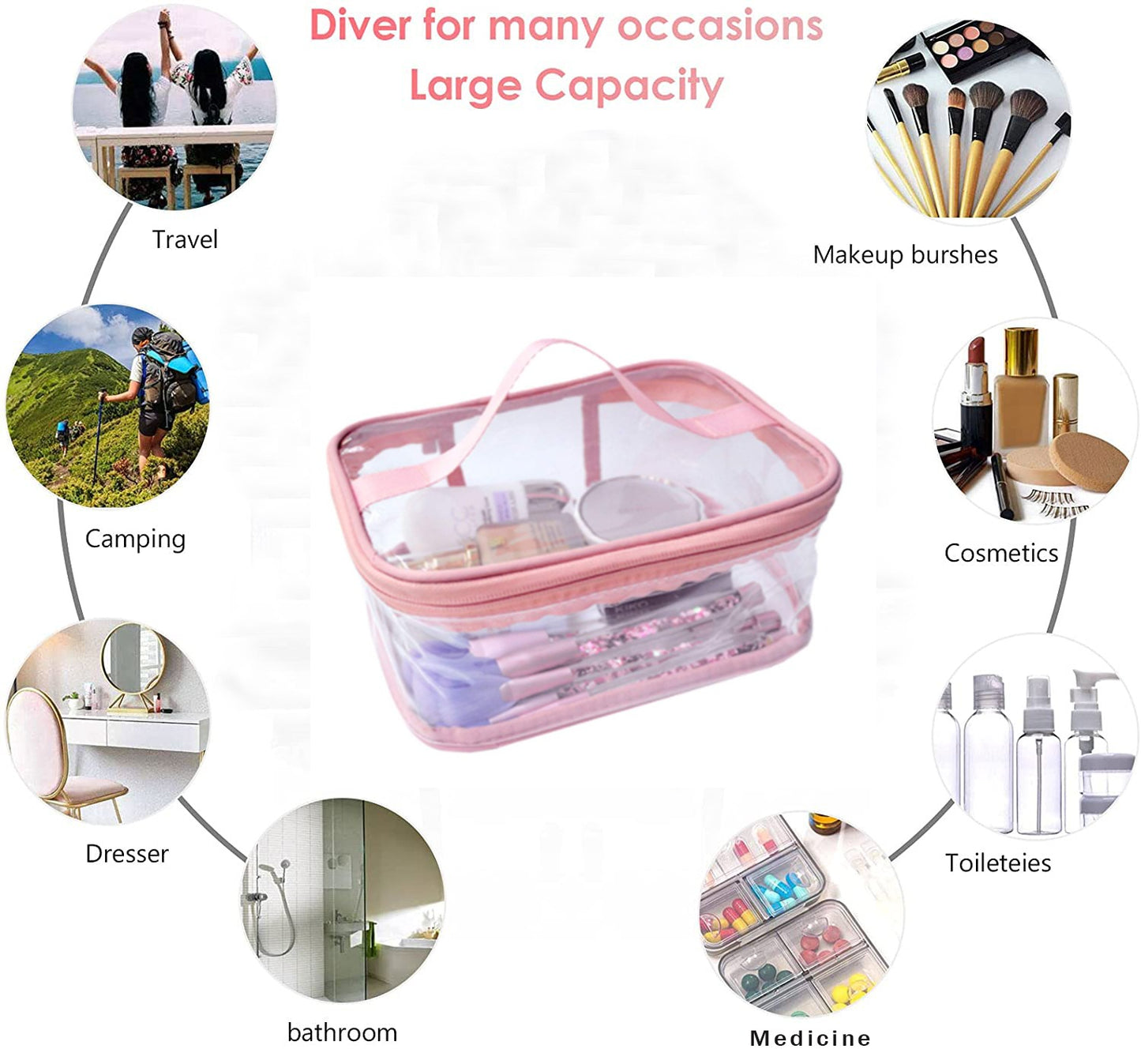 Transparent Travel Makeup & Brush Organizer - Pink