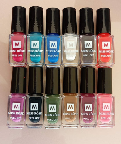 Miss Rose Peel-Off Nail Polish - Pack of 12 (Random Vibrant Colors)