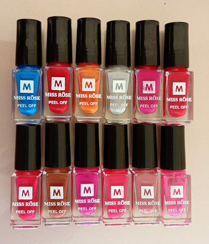 Miss Rose Peel-Off Nail Polish - Pack of 12 (Random Vibrant Colors)